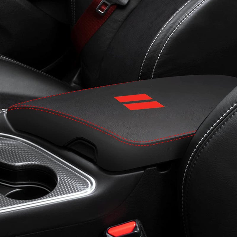 YOFAMO لـ Dodge Challenger 2015-2023 غطاء مسند ذراع السيارة مقاوم للماء وحدة التحكم المركزية يغطي غطاء صندوق مقاوم للخدش غطاء جلدي وسادة حماية ملحقات الديكور (أسود + غرز حمراء) - Image 1